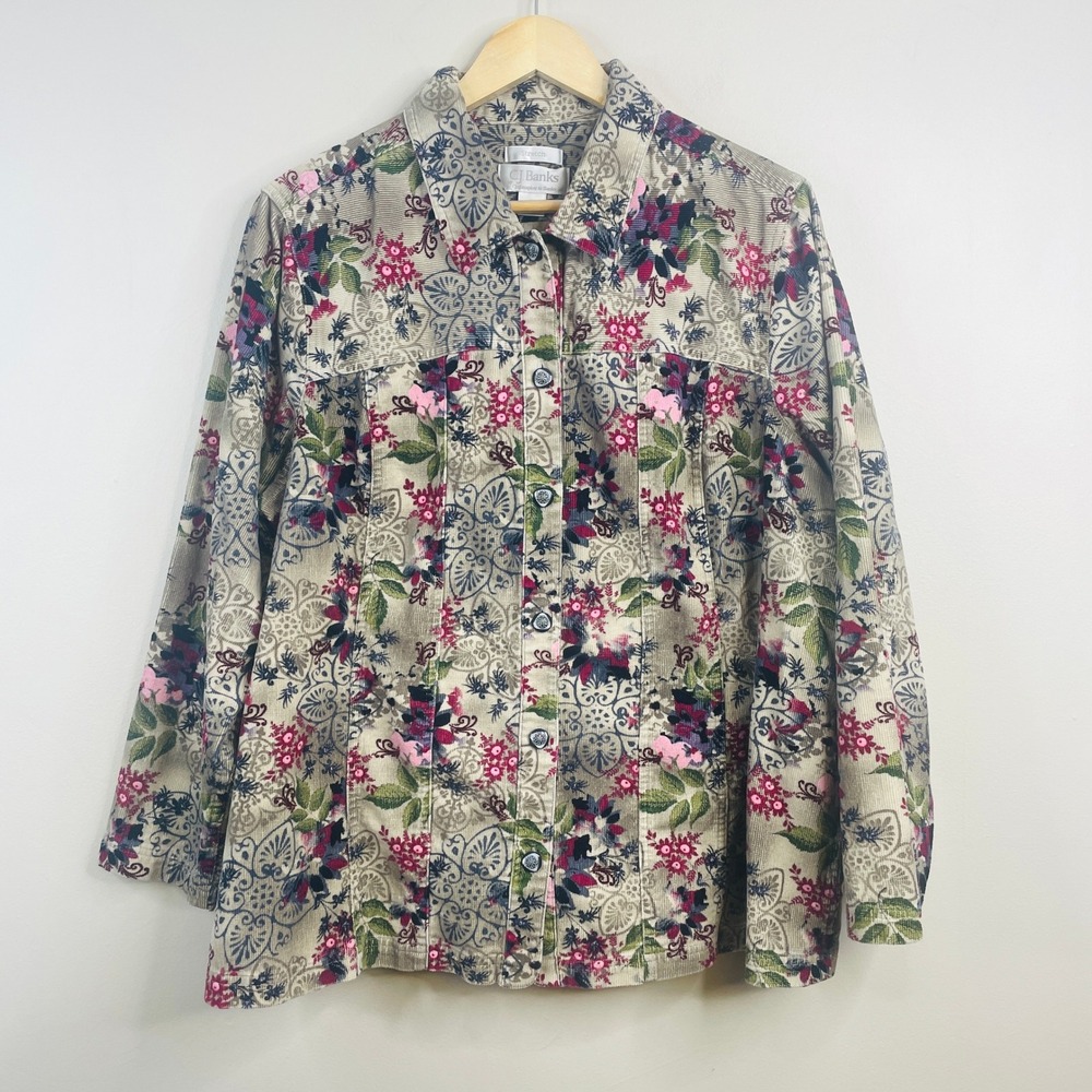 Vintage Artsy Corduroy Jacket Womens 2X Earthy Floral Button Up Colorful Travel